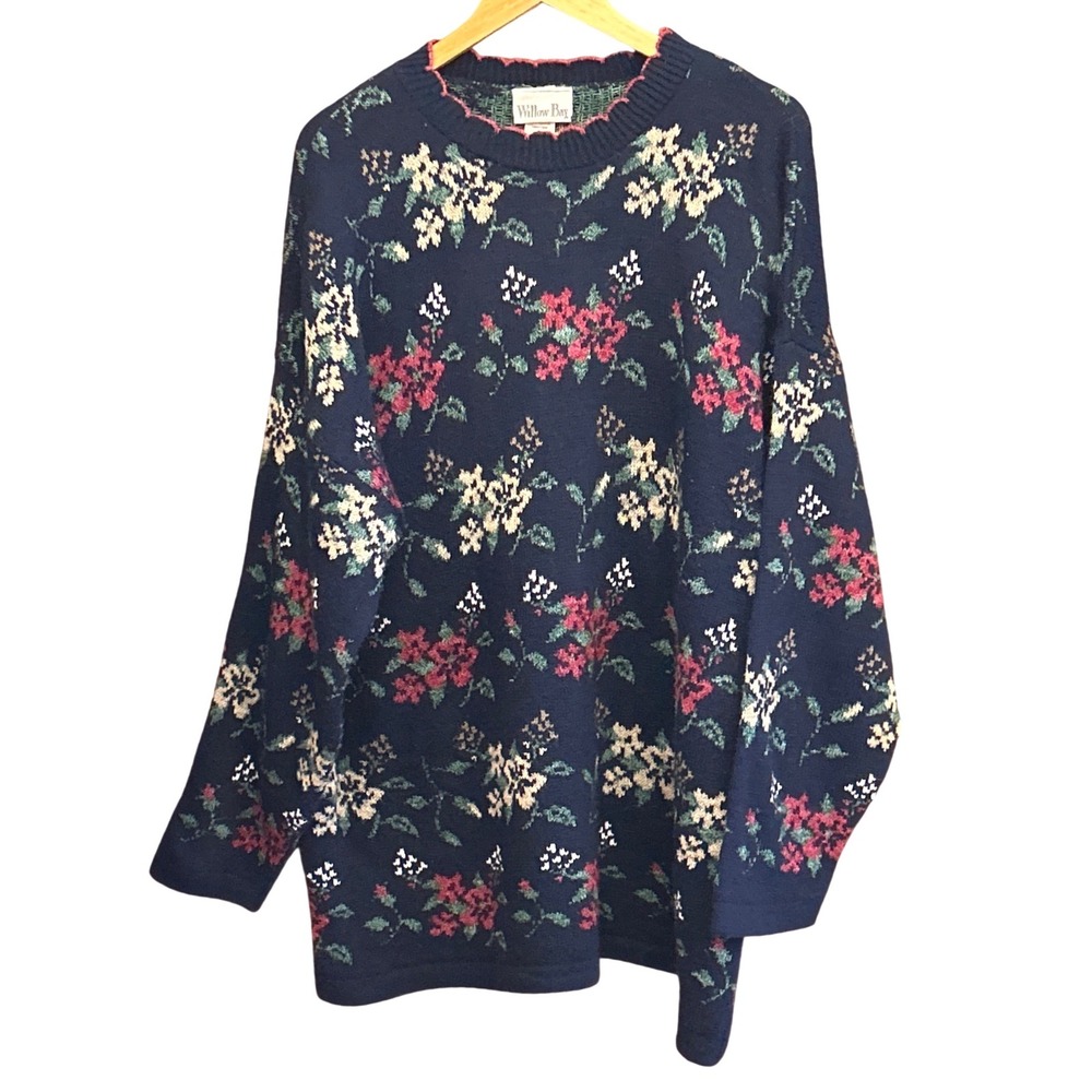 90s Willow Bay Floral Knit Sweater Cottagecore Grandma Core Navy Blue USA Made